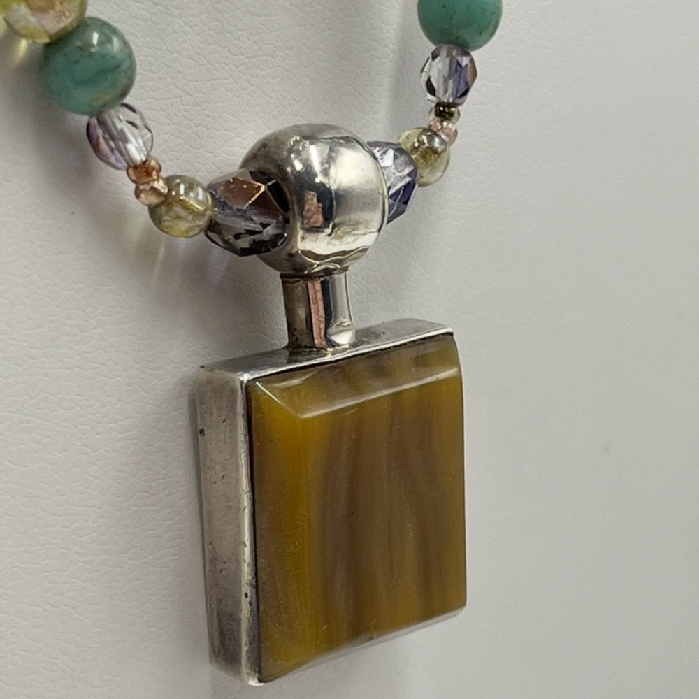 Vintage Mexico 925 Tiger's Eye Pendant Triple Strand Turquoise Crystal Necklace - Picture 5 of 10